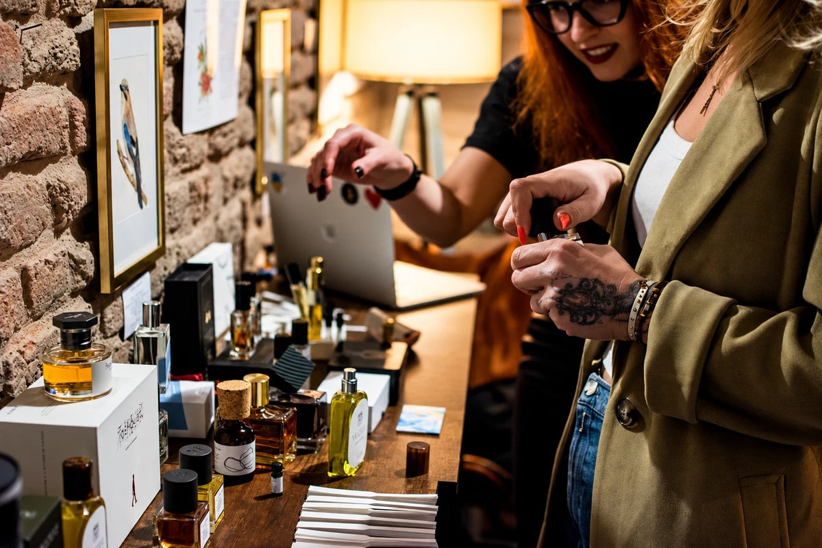 Guests testing perfumes on scent strips at a Vetiveria event