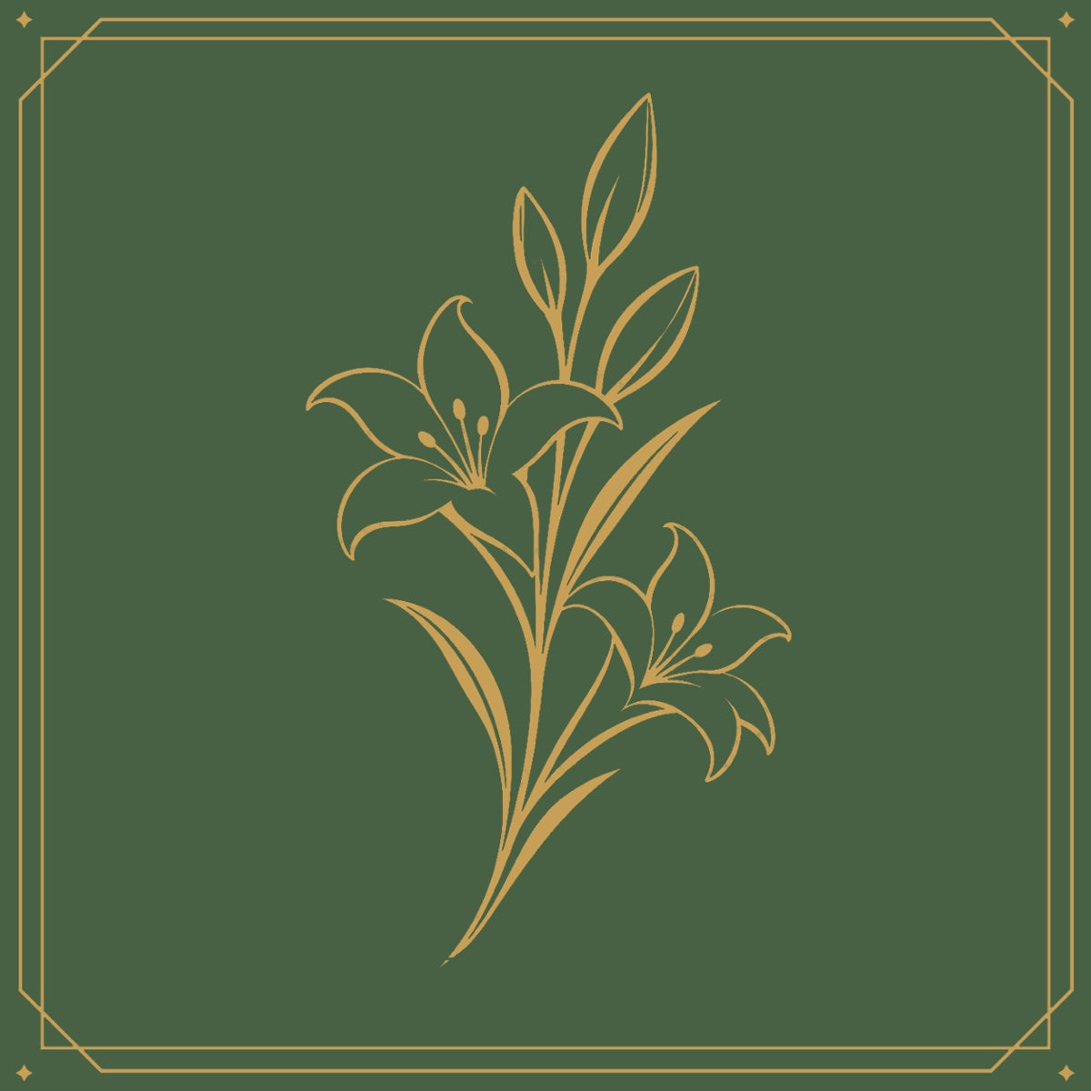 Gold line drawing of a tuberose spike on green