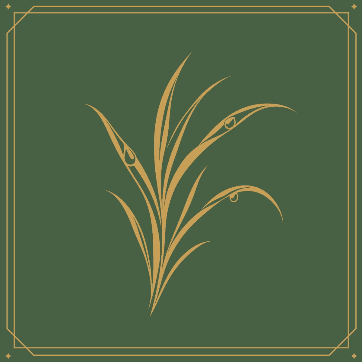 Gold line drawing of grass blades with dew drops on green