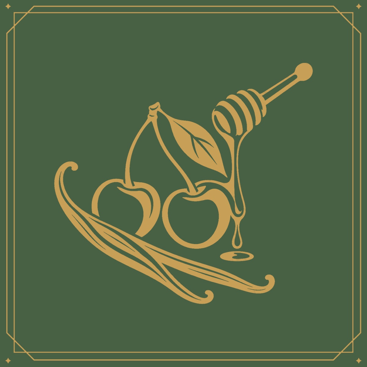 Gold line drawing of cherries, vanilla pods and a honey dipper on green