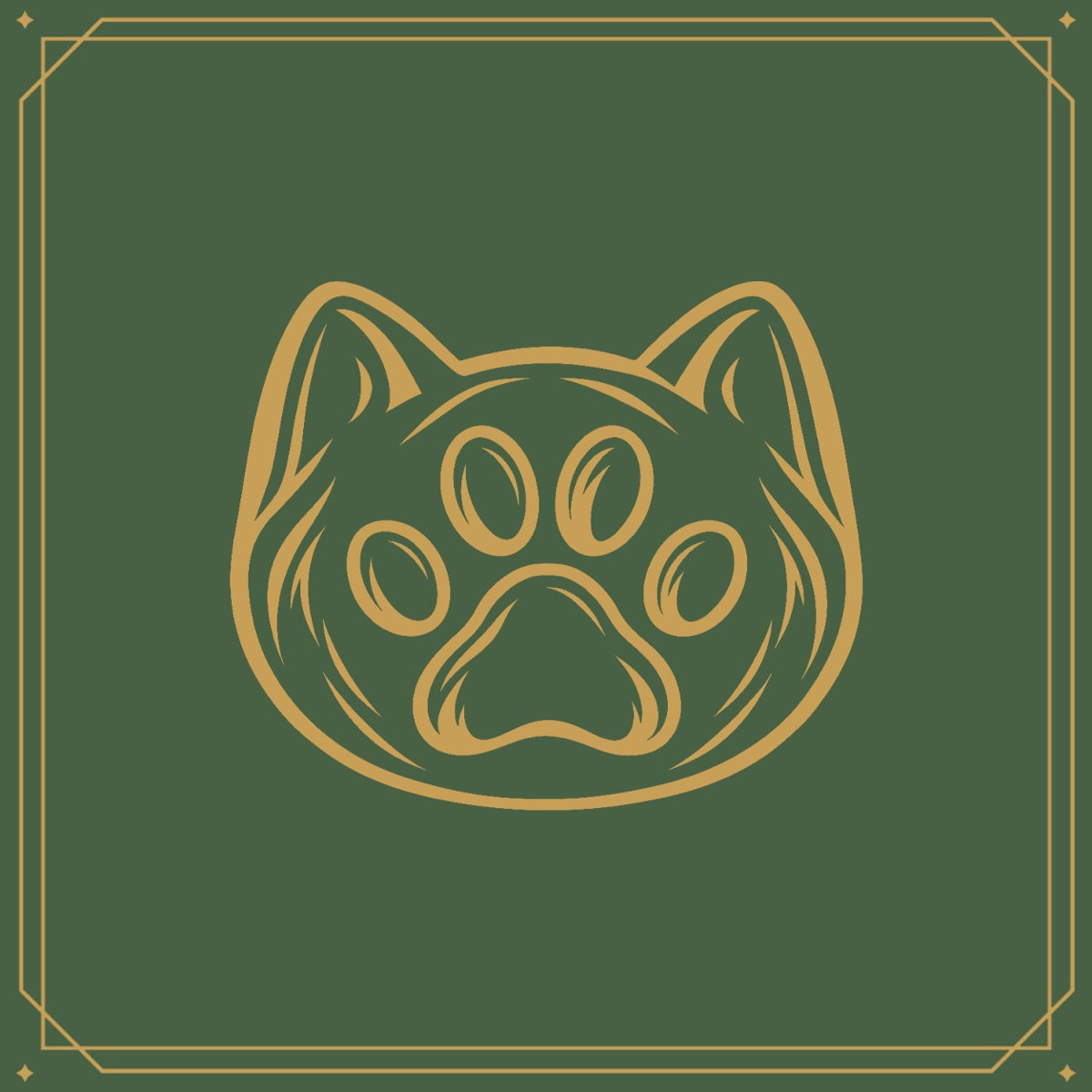 Gold line drawing of a cat head with a paw print on green