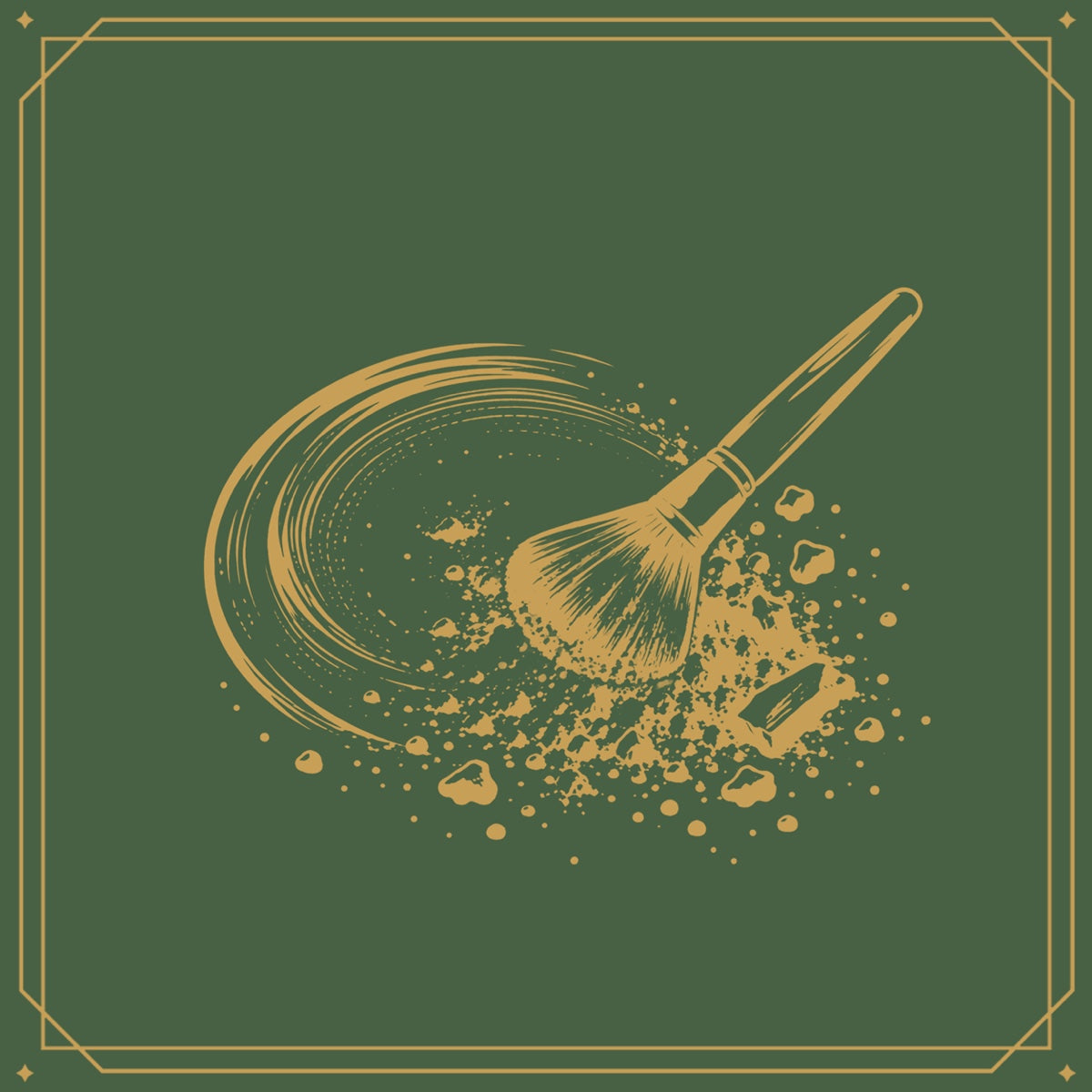 Gold line drawing of a powder brush and loose powder on green