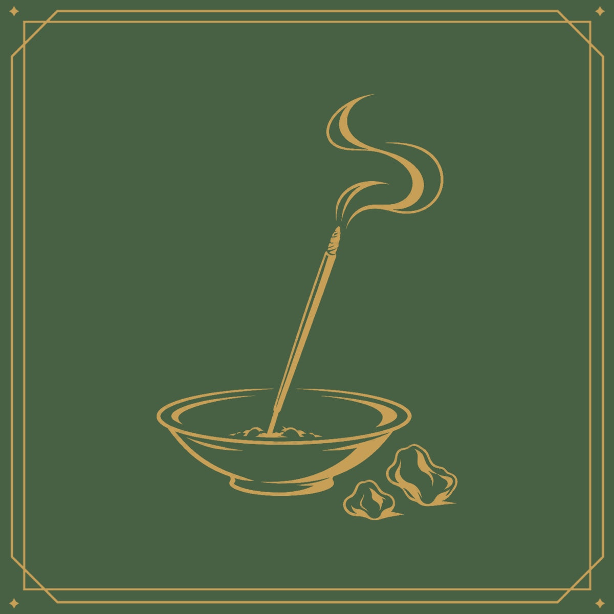 Gold line drawing of an incense stick in a bowl with resin on green