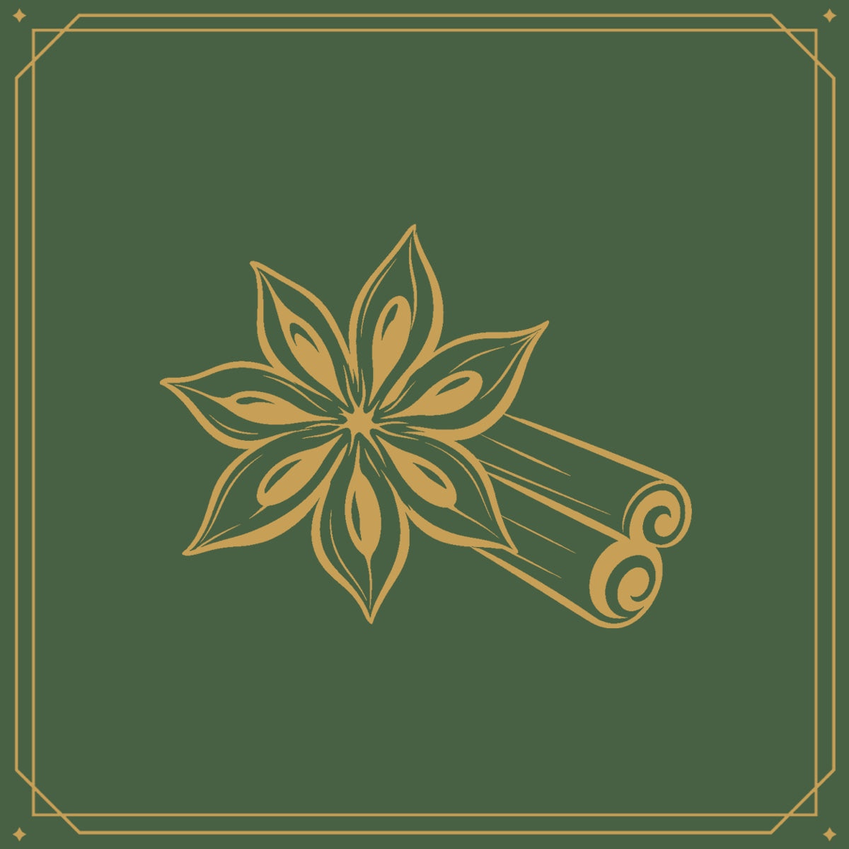 Gold line drawing of star anise and a cinnamon stick on green