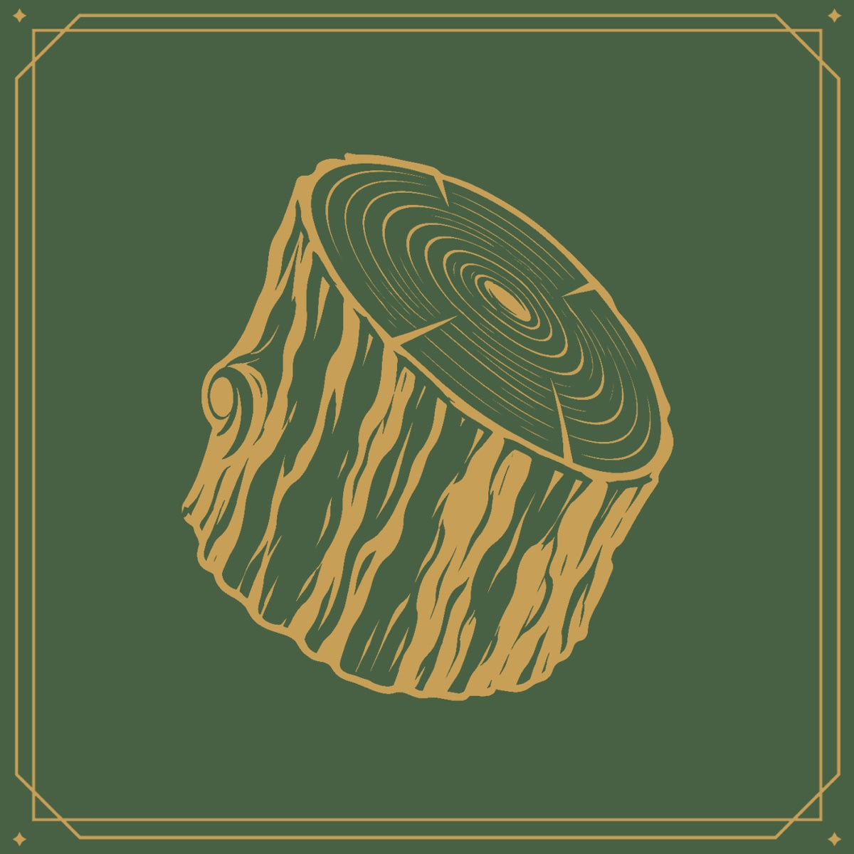 Gold line drawing of a cut log with growth rings on green